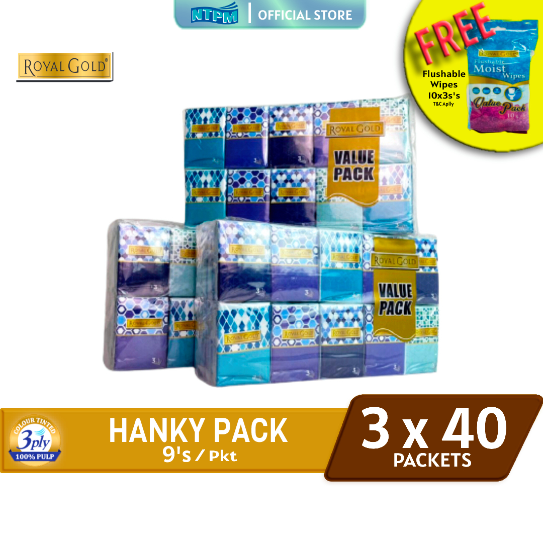 ROYAL GOLD Hanky Packs 10pkts x9sheets x4 Tube - 3 Packs - FREE Royal Gold Flushable Wipes (10'sx3)