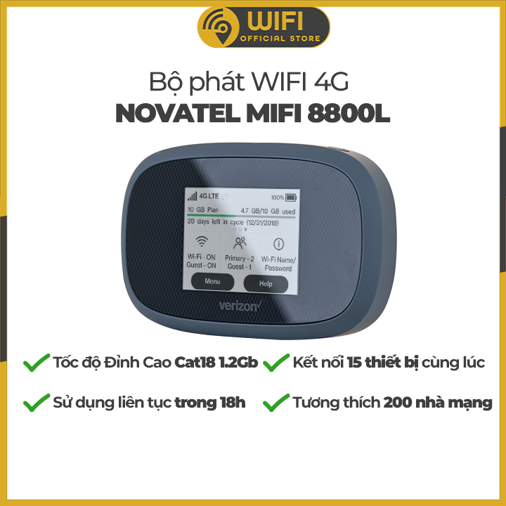 [HCM][Trả góp 0%]Bộ Phát Wifi Novatel MiFi 8800L CAT 18 Pin 44400mAh Tốc độ Download 1.2GB