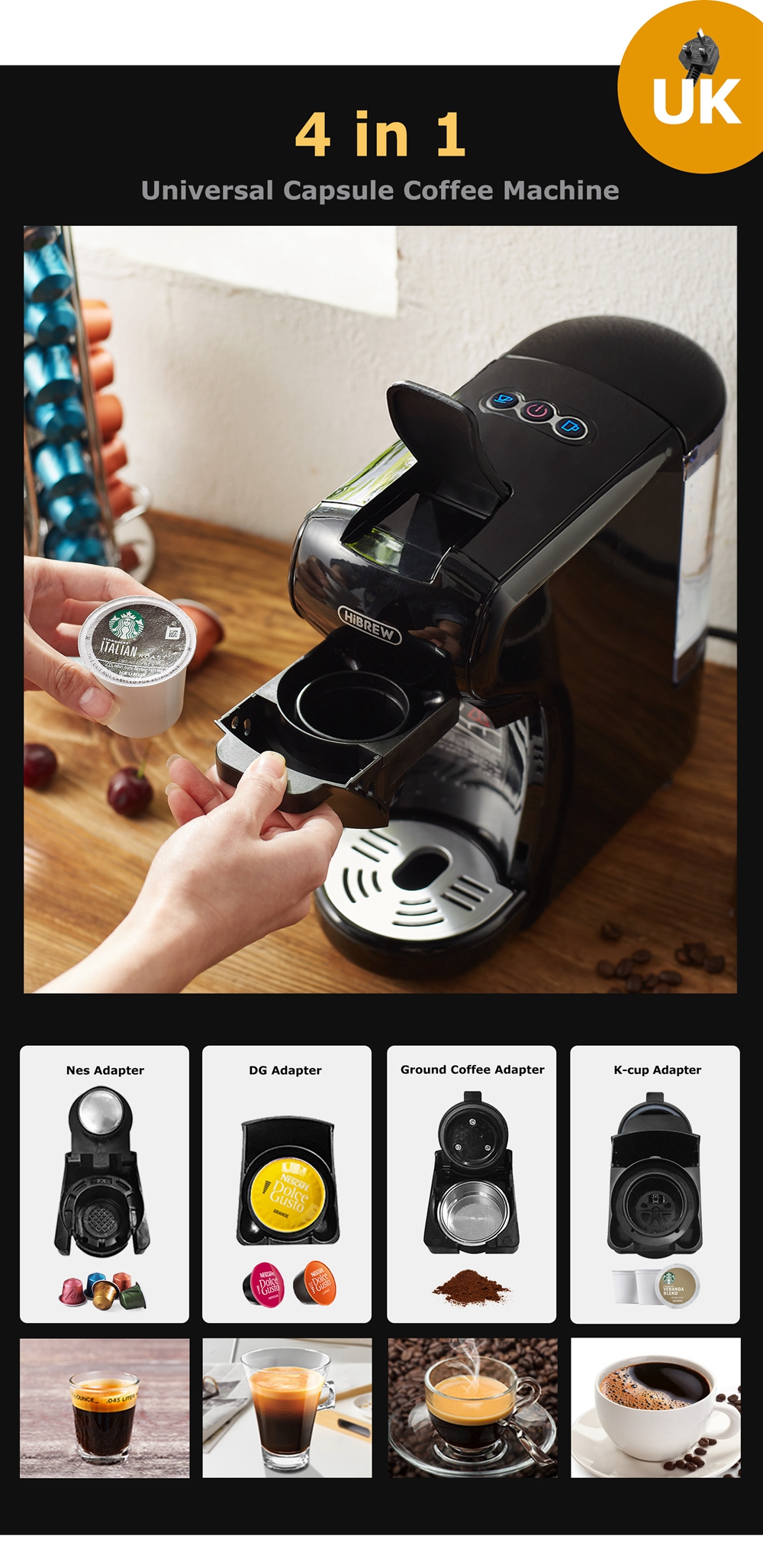 CAFELFFE Coffee Maker 4-in-1 Capsule Coffee Machine 19 Bar Fully Automatic  Small Size Household 0.6L Removable Water Tank Compatible with Universal  Coffee Capsules 1450W