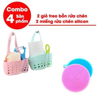 Combo 2 giỏ treo bồn rửa chén + 2 miếng rửa chén bát silicon