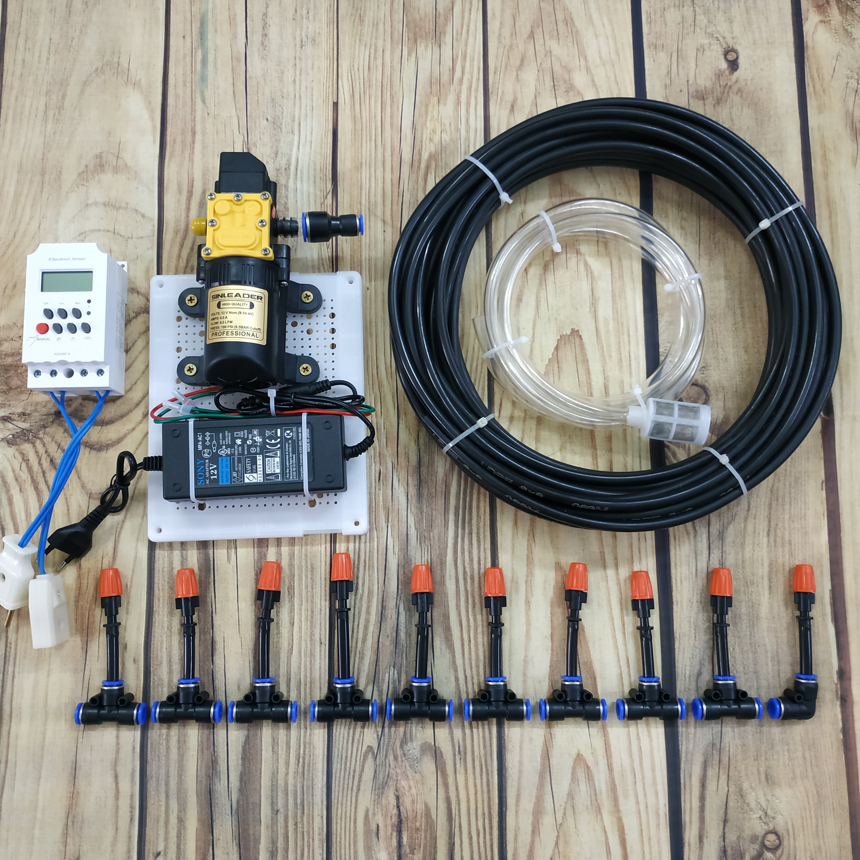 Bộ tưới phun sương tự động 10 béc đơn cam kèm hẹn giờ tưới vườn, tưới Lan diện tích dưới 10m2