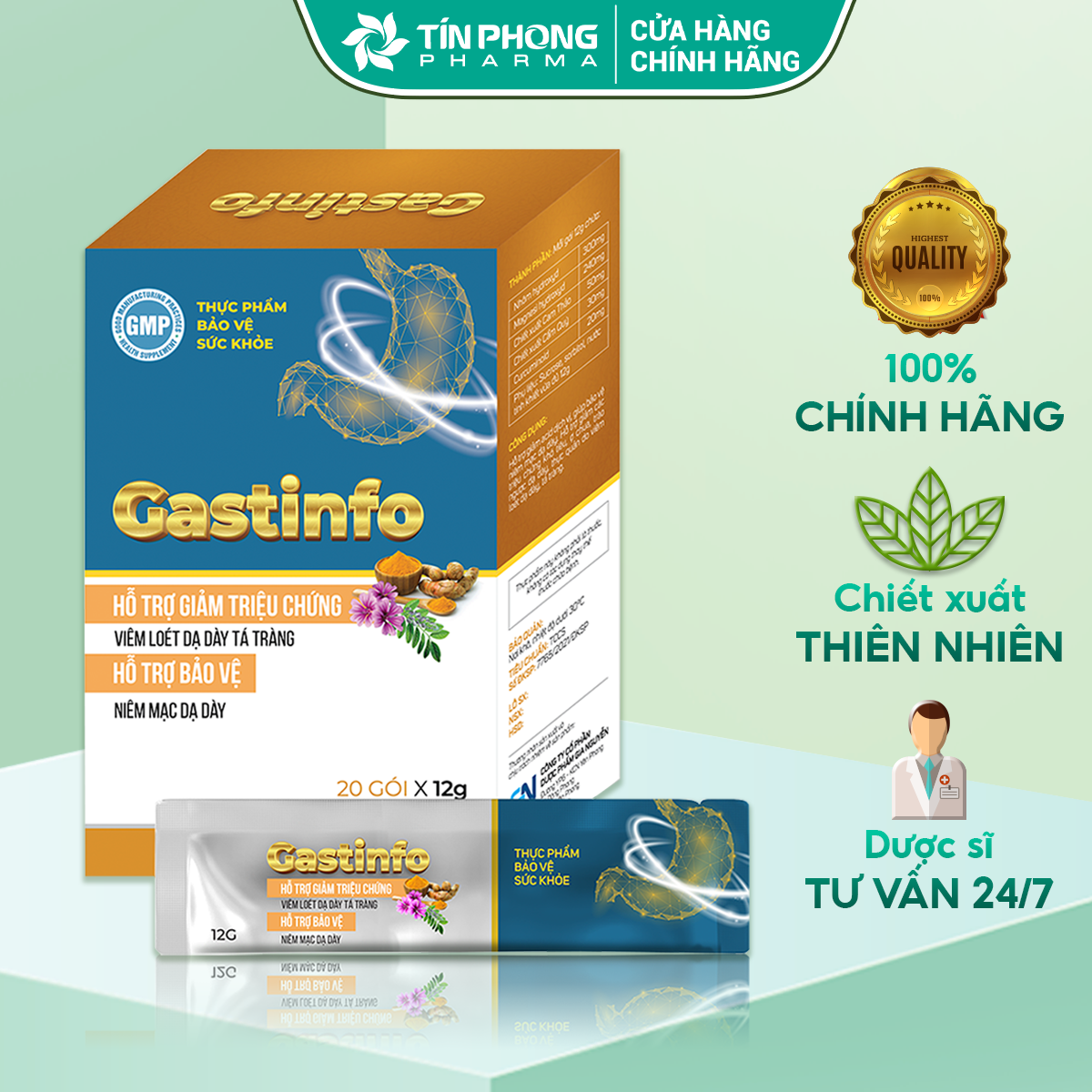 Dạ dày gastinfo giảm ợ chua, trào ngược, tốt cho hệ tiêu hóa, thành phần thảo dược hộp 20 gói ttp038