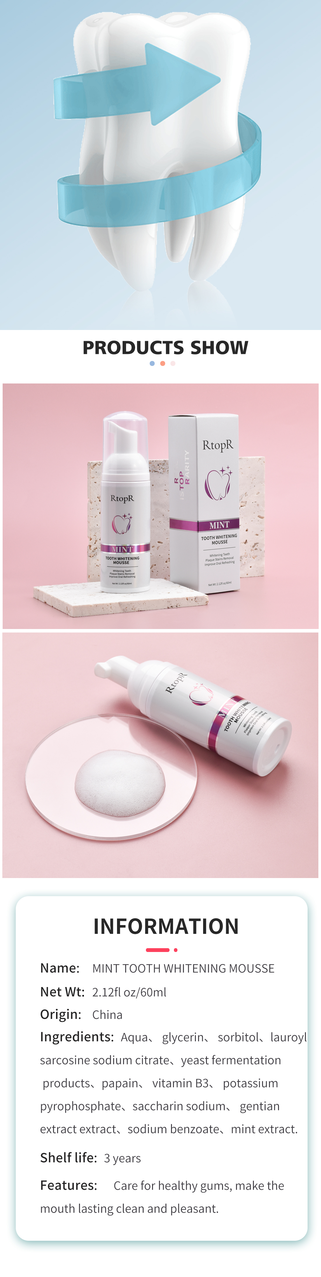 RtopR Bọt đánh răng chuyên làm trắng và loại bỏ các mảng bám vết bẩn trên răng kem đánh răng kem đánh trắng răng Tẩy Trắng Làm Sạch Răng Khử Mùi Hôi Miệng - INTL