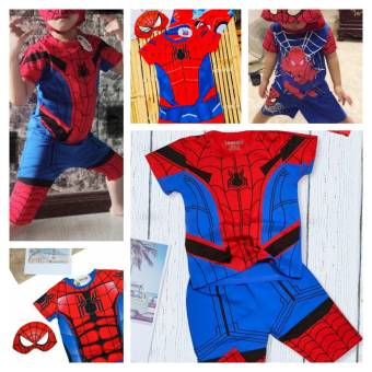 Bộ người nhện bé trai 1,2,3,4,5,6 tuổi thun co giãn, set siêu nhân Spider-man đỏ có tặng kèm mặt nạ hoặc nón