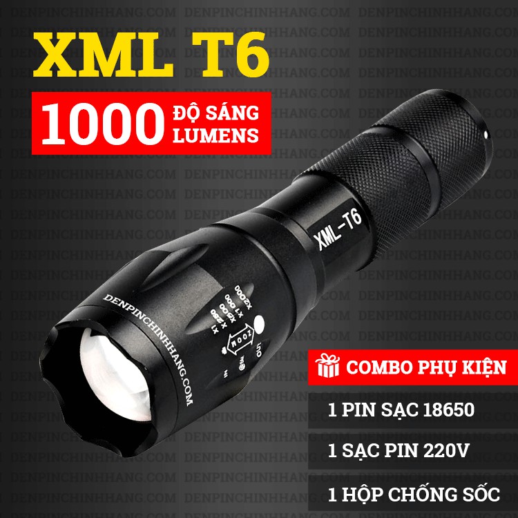 Đèn Pin XML_T6 Tặng Kèm Pin Và Cục Sạc Loại Xịn Nhỏ Gọn Tích Hợp Nhiều Chức Năng Soi Sáng