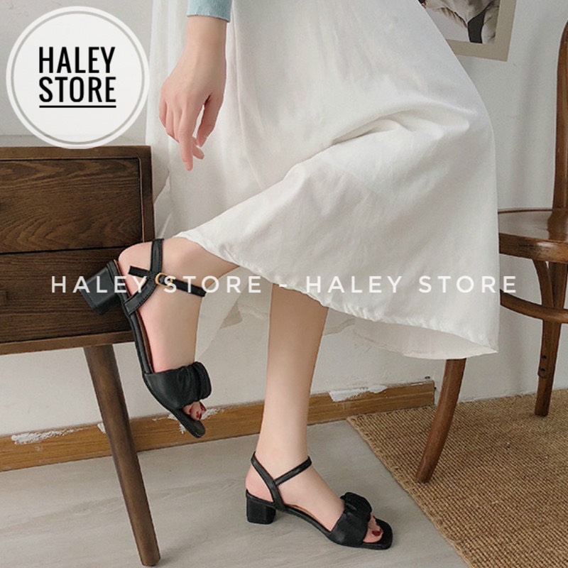 Giày sandal nữ HALEY STORE quai ngang nhúm nhún mũi vuông gót vuông 5p đi chơi đi tiệc đi làm phong cách Hàn Quốc thời trang mới