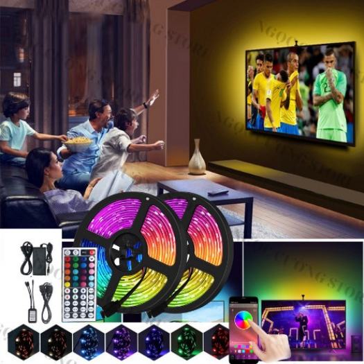 Dải đèn Led RGB dây dán 5m đổi nhiều màu qua điện thoại + Nguồn + Remote điều khiển, Đèn ngủ Giáng Sinh, Cuộn đèn Led dây dán 5m