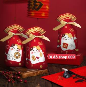 Set 50 túi RÚT NƠ Mèo Tài Lộc ĐỎ đựng bánh, kẹo Tết size 15,5cm*23cm - Bí đỏ shop Bao bì Nguyên liệu dụng cụ làm bánh