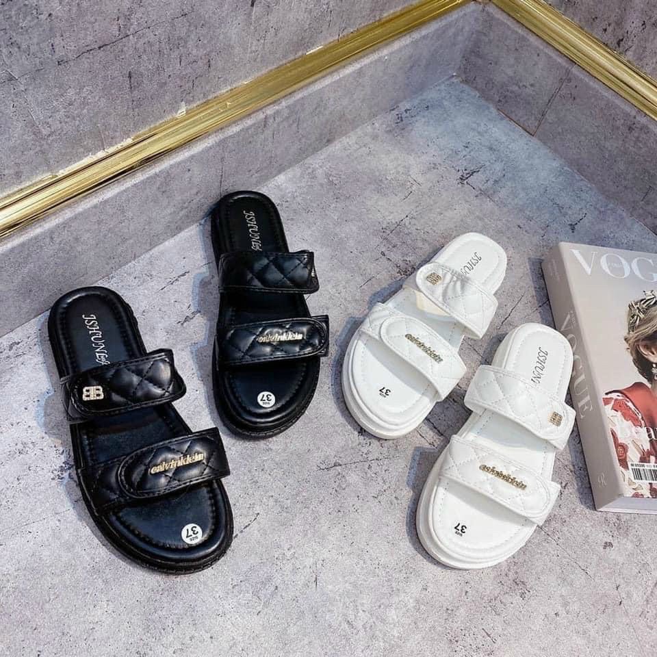 Dép lê da mịn quai 2 cầu trần chỉ mũi tròn đen trắng khuy BB - 2P