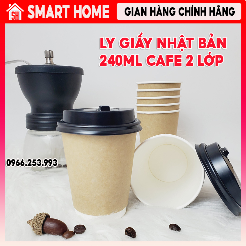 50 ly giấy 2 lớp có nắp size 240ml màu nâu , ly cốc giấy nhật bản dùng 1 lần siêu dày dặn, cứng cáp