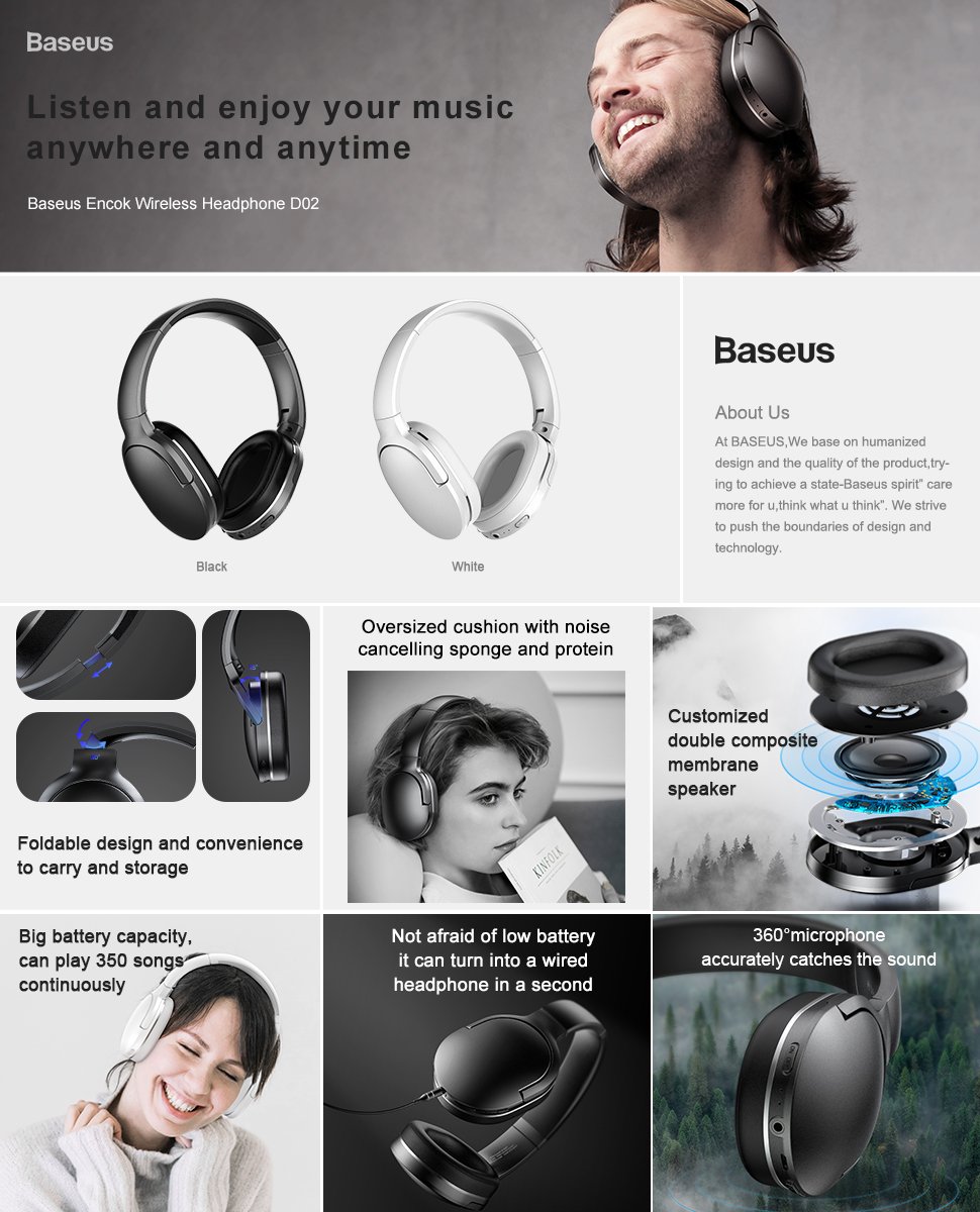 tai nghe trùm tai không dây cao cấp baseus encok wireless headphone d02 pro (bluetooth 5.0, wireless hifi) 8