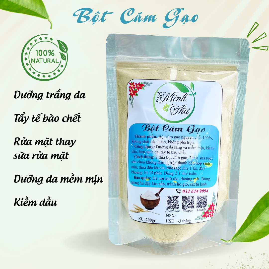 Bột cám gạo Minh Thư, bột cám gạo nguyên chất, cám gạo sạch an toàn cho da, dưỡng trắng và kiềm dầu túi 200gr