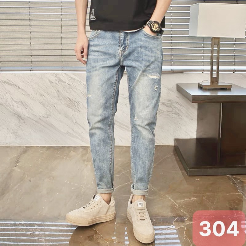 [HCM]Quần jean nam màu xanh rách gối ống bó đẹp - Quần bò nam cao cấp 2021 CANDYFASHION QJ00010 áo thun đen trơn là size S