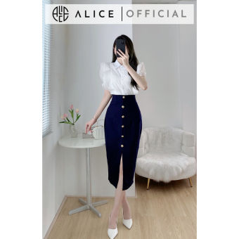 Set Đồ Công Sở Áo Sơ Mi Tơ Phối Chân Váy Bút Chì Cúc Đồng ALICE Thiết Kế Váy Cạp Cao Tôn Dáng S314