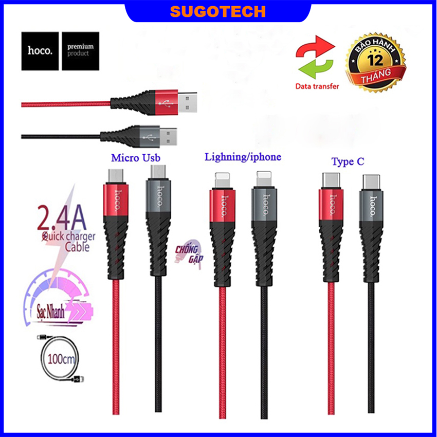 Dây sạc, cáp sạc nhanh Hoco X38 chính hãng cổng USB to Type-C, Lightning, Micro