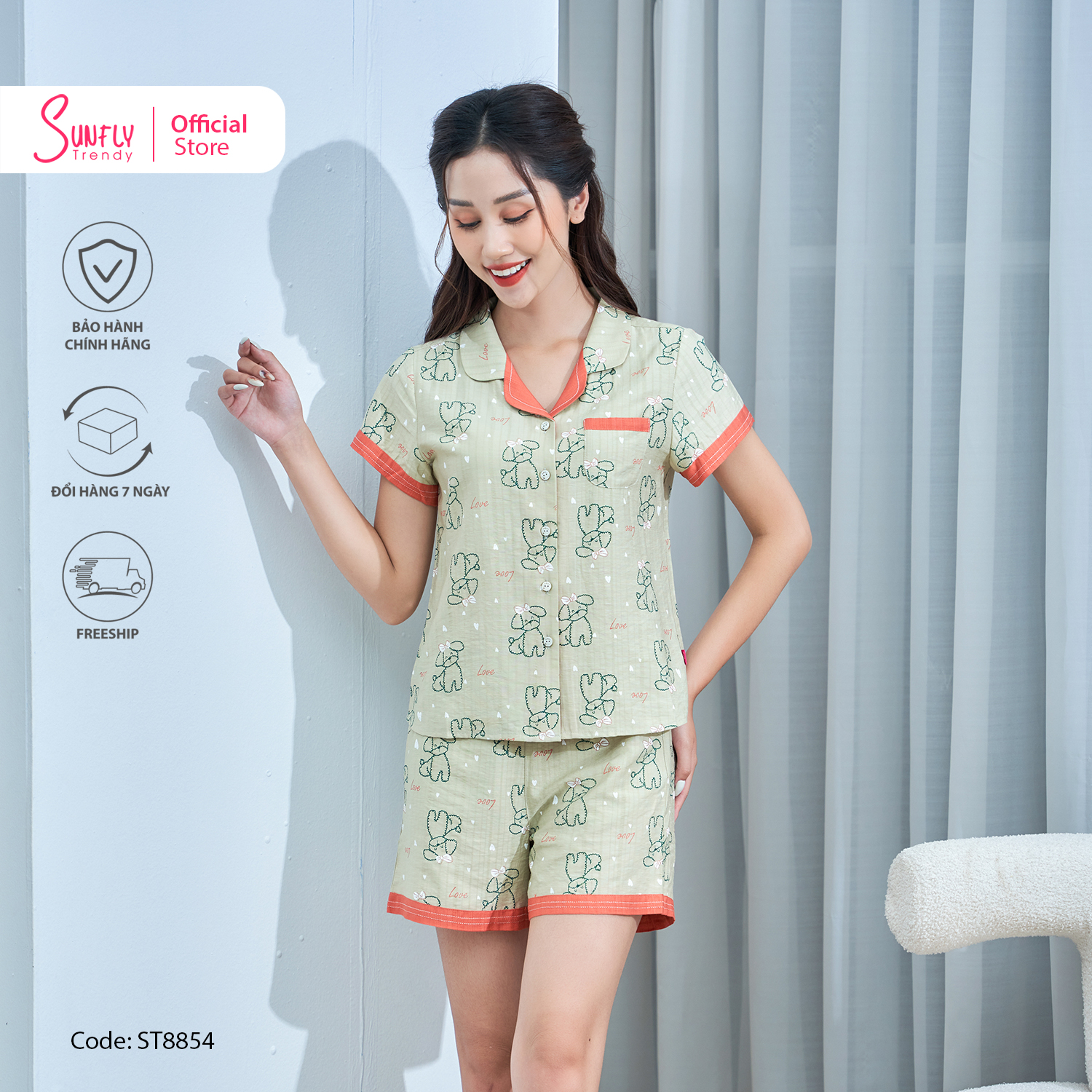 Bộ pijamas nữ mặc nhà linen sunfly áo cộc quần sooc st8854