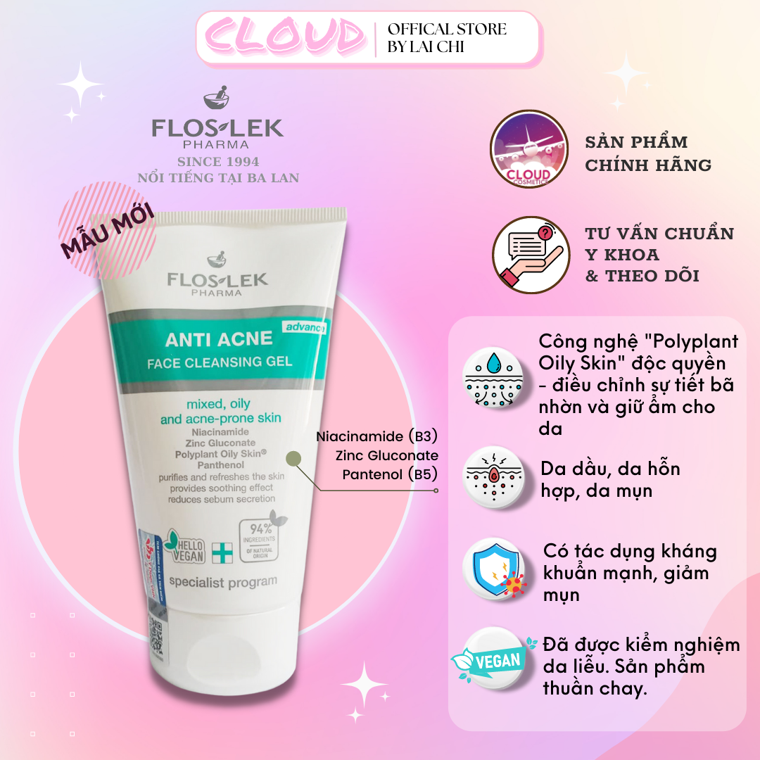 Floslek sữa rửa mặt cho da dầu mụn anti acne 125ml