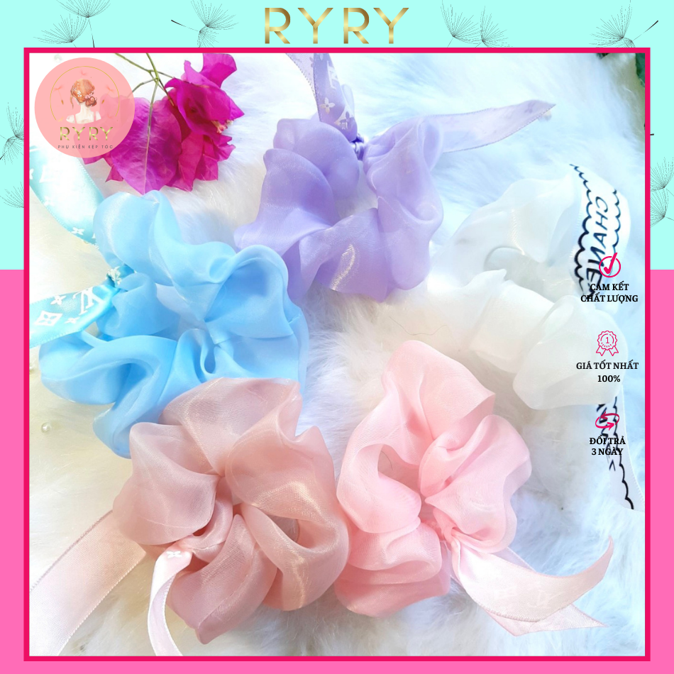 Dây cột tóc vải scrunchies đính nơ xinh xắn
