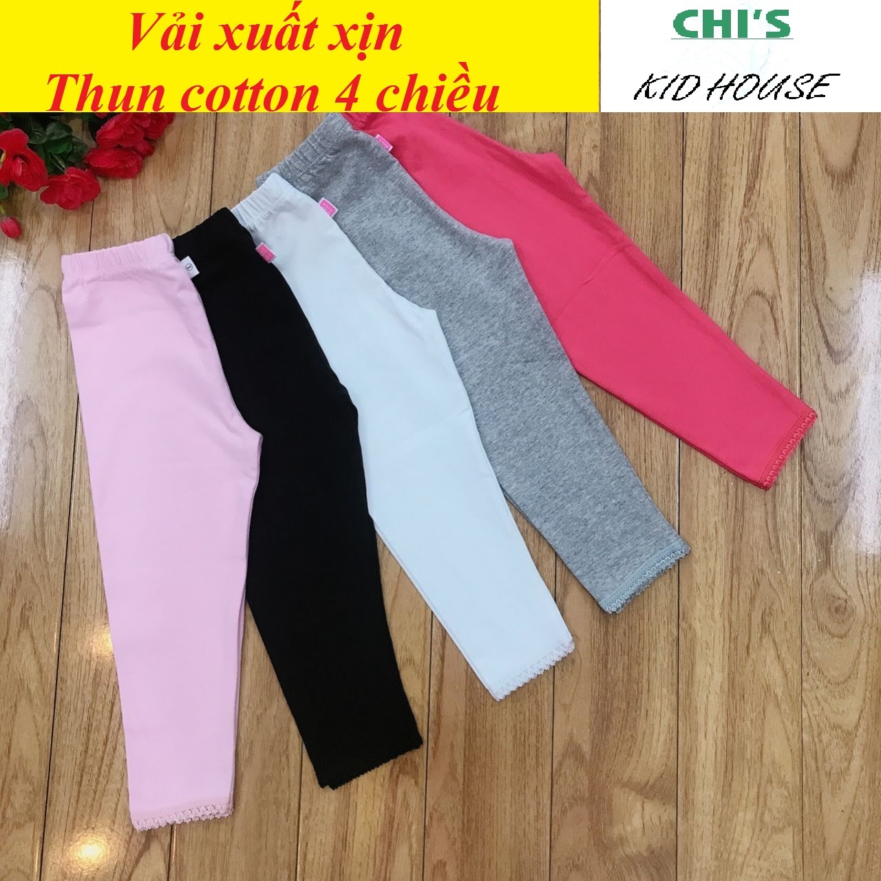 Set 5 quần legging trơn thun cotton 4 chiều xuất dư xịn cho bé gái 9-41kg