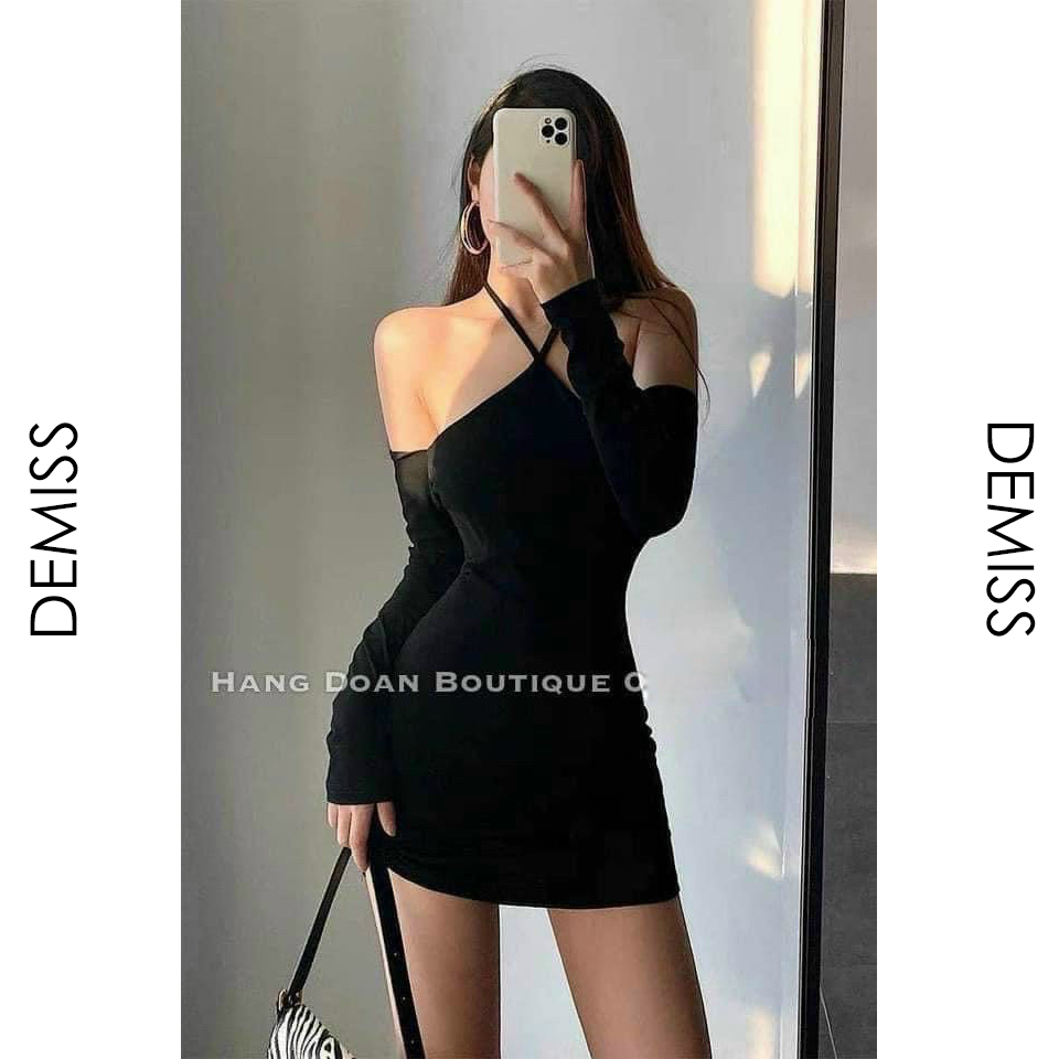 Đầm body đen cổ yếm rớt vai tôn dáng siêu sexy quyến rũ - demiss