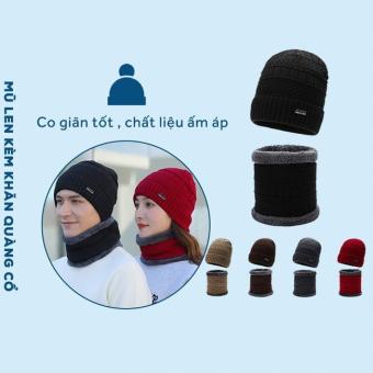 Bộ mũ len, khăn ống quàng cổ lót lông dày dặn giữ ấm mùa đông dành cho nam nữ