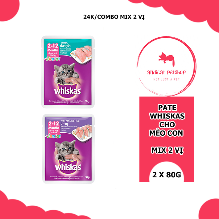 Pate whiskas cho mèo con - gói 80g - mix vị cá ngừ & cá thu - mua combo để được giảm phí ship