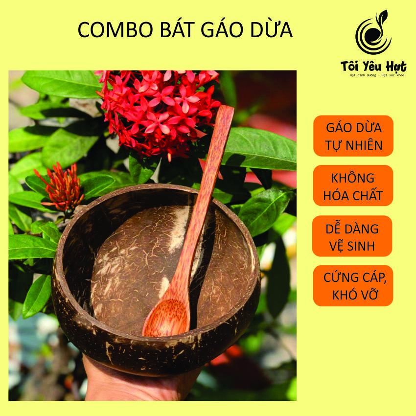   FreeshipMax Combo Bát chén gáo dừa và muỗng gỗ Size 12cm dùng để ăn ngũ cốc salad sữa chua hoa quả - Tôi Yêu Hạt 