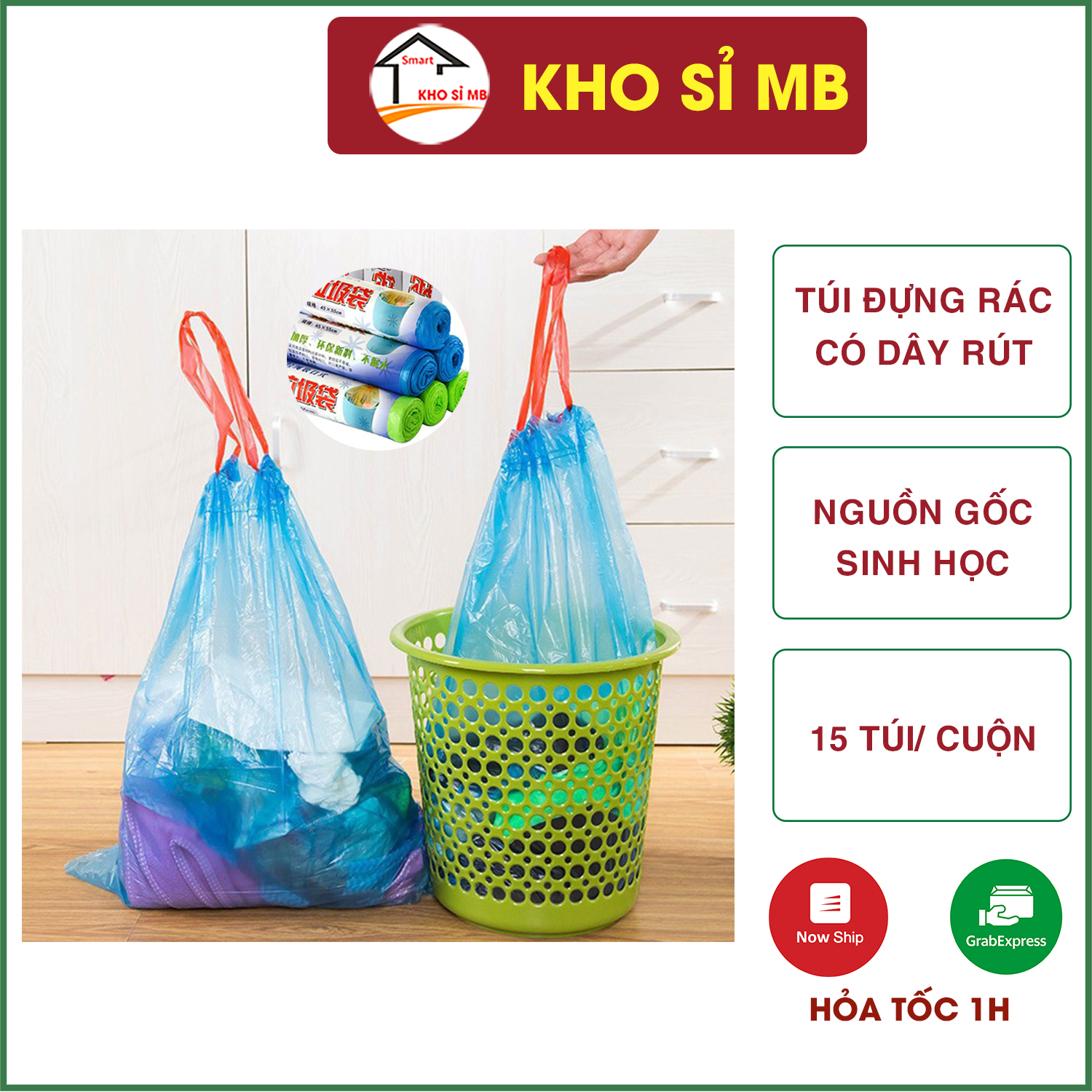 Túi đựng rác sinh học có dây rút 15 túi/ cuộn kho sỉ mb