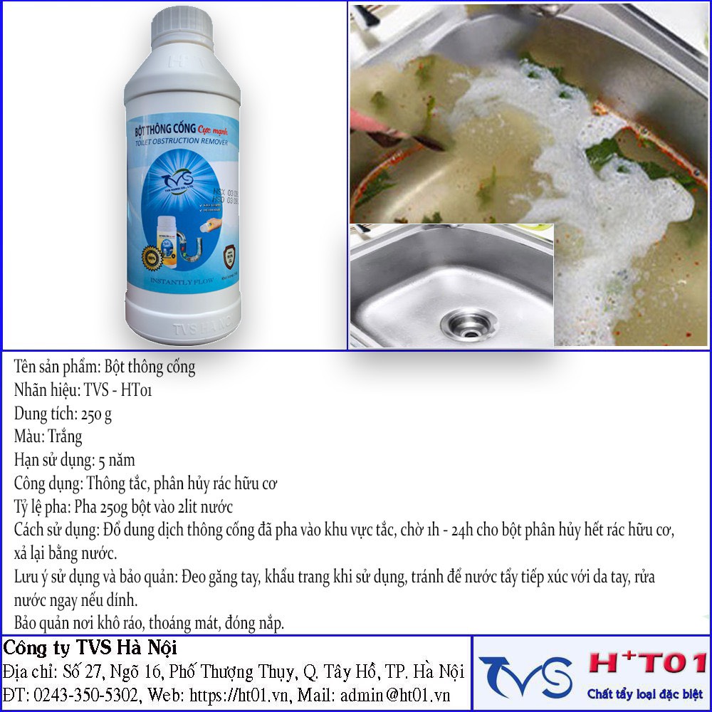 Bột thông cống TVS Hà Nội loại mạnh, bột thông tắc cầu cống, chậu rửa, bồn cầu