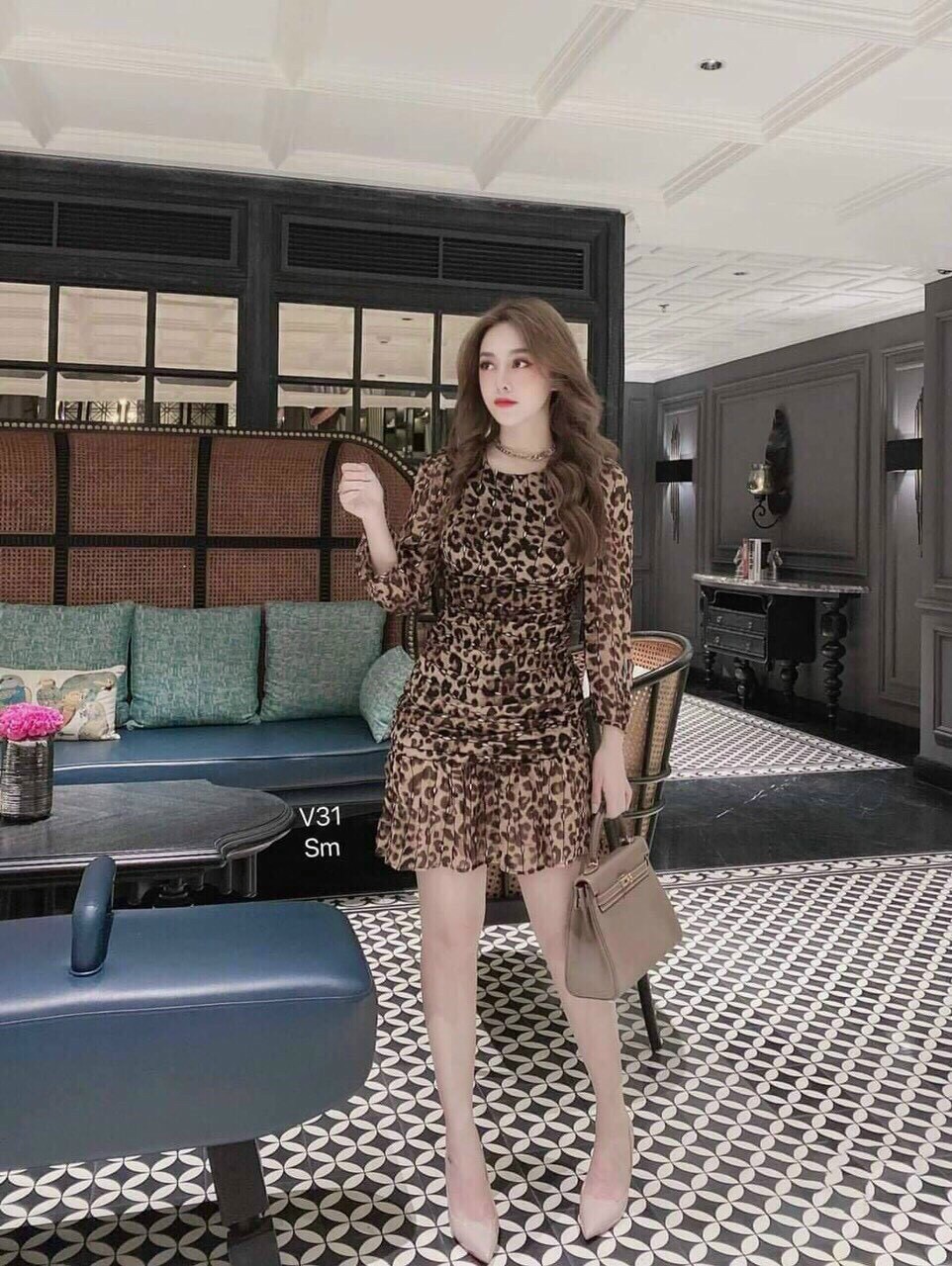 Đầm boddy da beo CỔ TRÒN thụt nữ dễ thương sang trọng cá tính