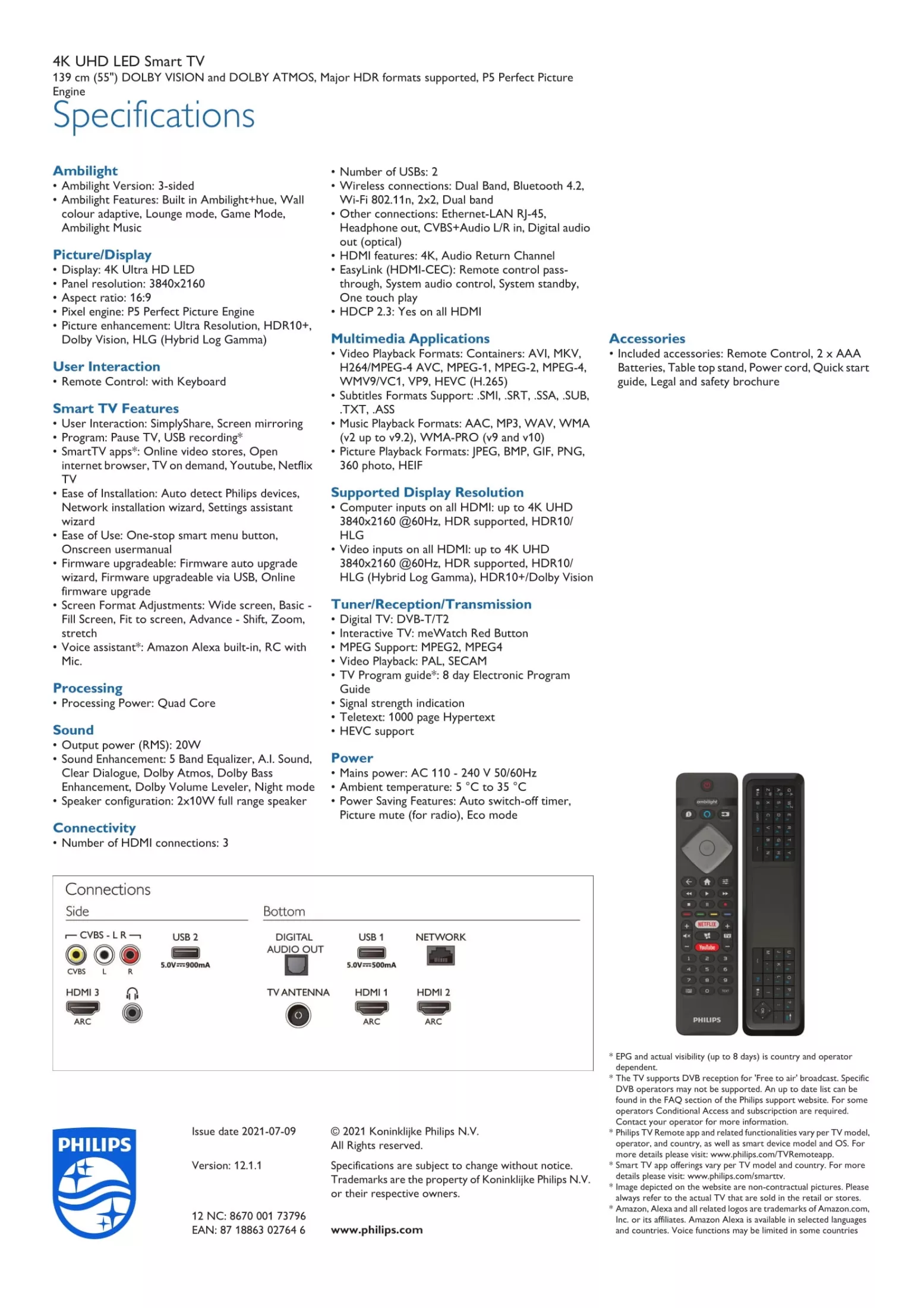 PHILIPS 55PUT7805/98 55 INCH 65PUT7805 4K ULTRA HD SMART LED TV (55PUT7805 / 65PUT7805)