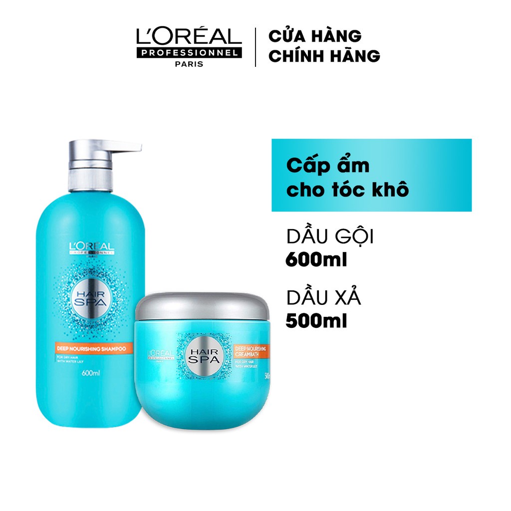 Dầu gội 600ml, hấp dầu 500ml L'Oreal Hair Spa chăm sóc cấp ẩm cho tóc khô, dưỡng tóc siêu mềm mượt
