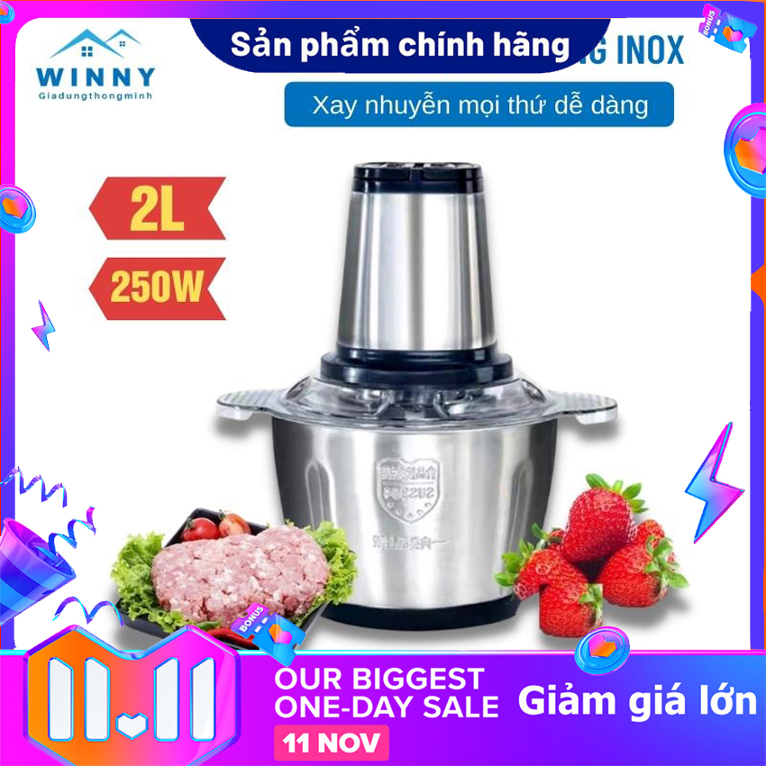 Máy xay thịt đa năng, máy xay sinh tố, máy xay mini, máy xay đa năng cối inox 304, dung tích 2l kèm dao inox 3 lưỡi sắc bén - máy xay tỏi ớt - bảo hành 12 tháng