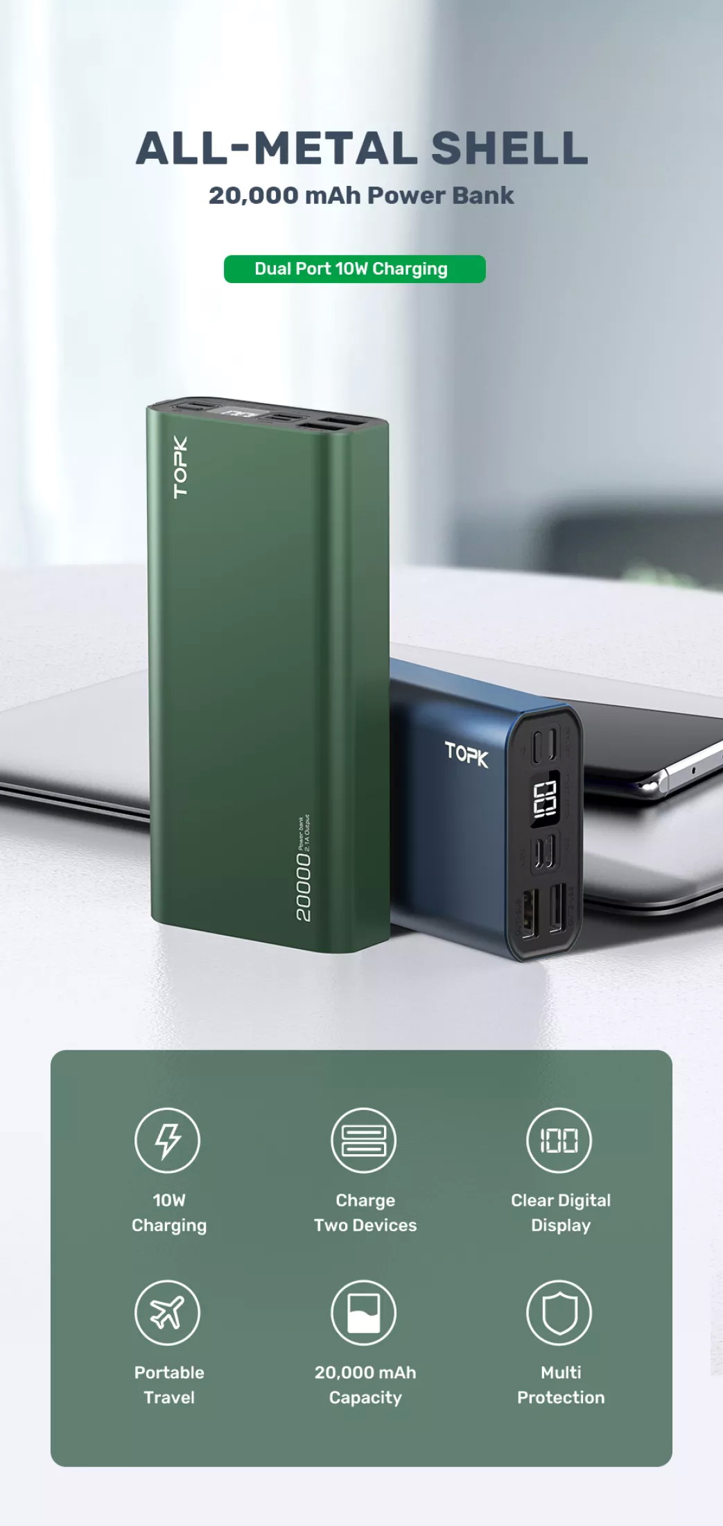Pin sạc dự phòng 10.000mah 20.000mah topk i2006