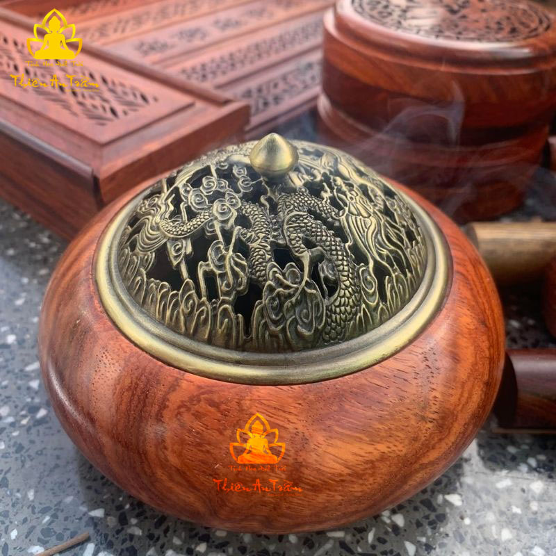 [HCM]Lư Gỗ Xông Đốt Trầm Hương – Lư Gỗ Hương Xông Đốt Nhang Khoanh Trầm Hương, Nhang Nụ Trầm Hương - Lư Gỗ Hương Xông Đốt Trầm Hương Nắp Kim Loại Khắc Hoa Văn