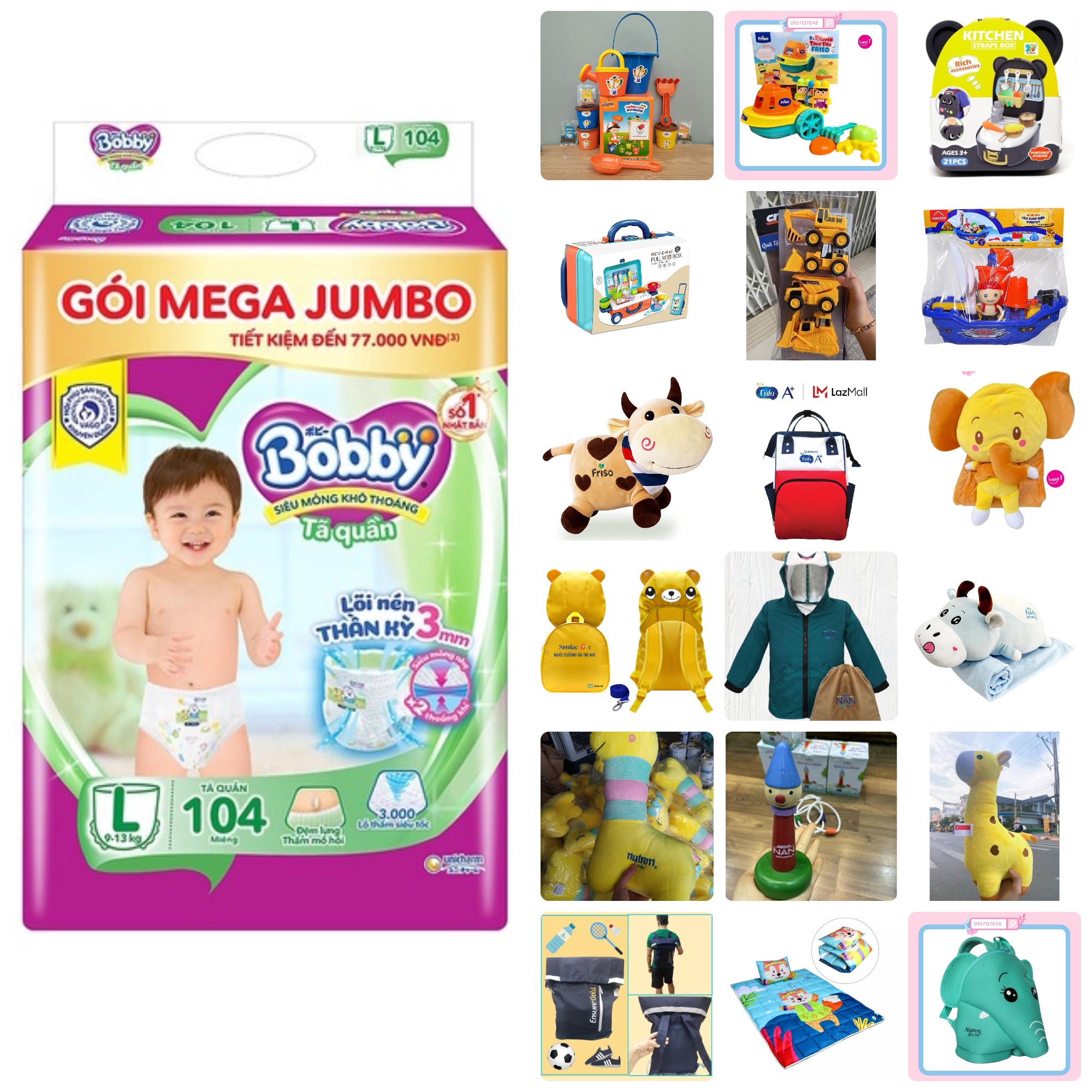 Tã/bỉm quần Bobby Mega Jumbo - Lõi nén thần kì 3mm 104 miếng+tặng 12 miếng
