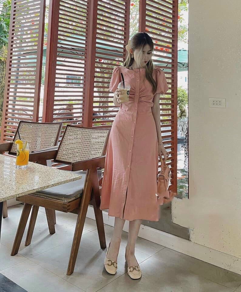 Đầm tiểu thư dáng maxi mặc đi chơi, đầm nữ xẻ tà tay phồng, váy nữ xếp ly eo cổ tròn đơn giản, đầm xẻ tà nữ dễ thương