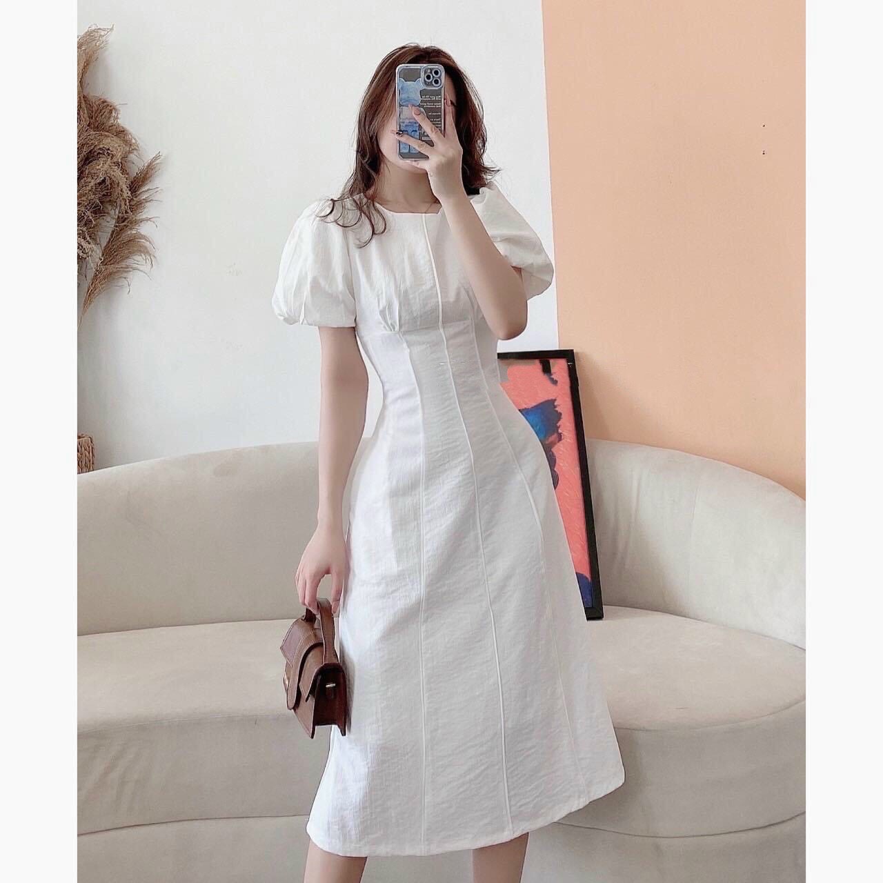 Likeher - đầm trắng dự tiệc d21076 tay phồng viền sọc
