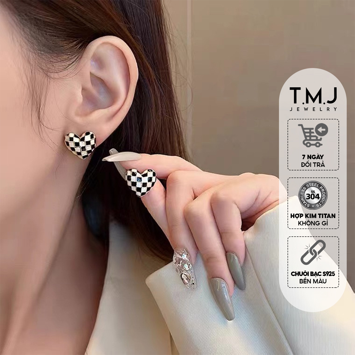 Khuyên tai nữ s925 T.M.J kiểu dáng trái tim kẻ caro đen trắng phong cách retro Hàn Quốc - kt14