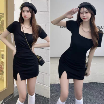 Đầm cổ vuông xẻ trước dáng ôm body màu đen sexy cá tính freesize < 53kg