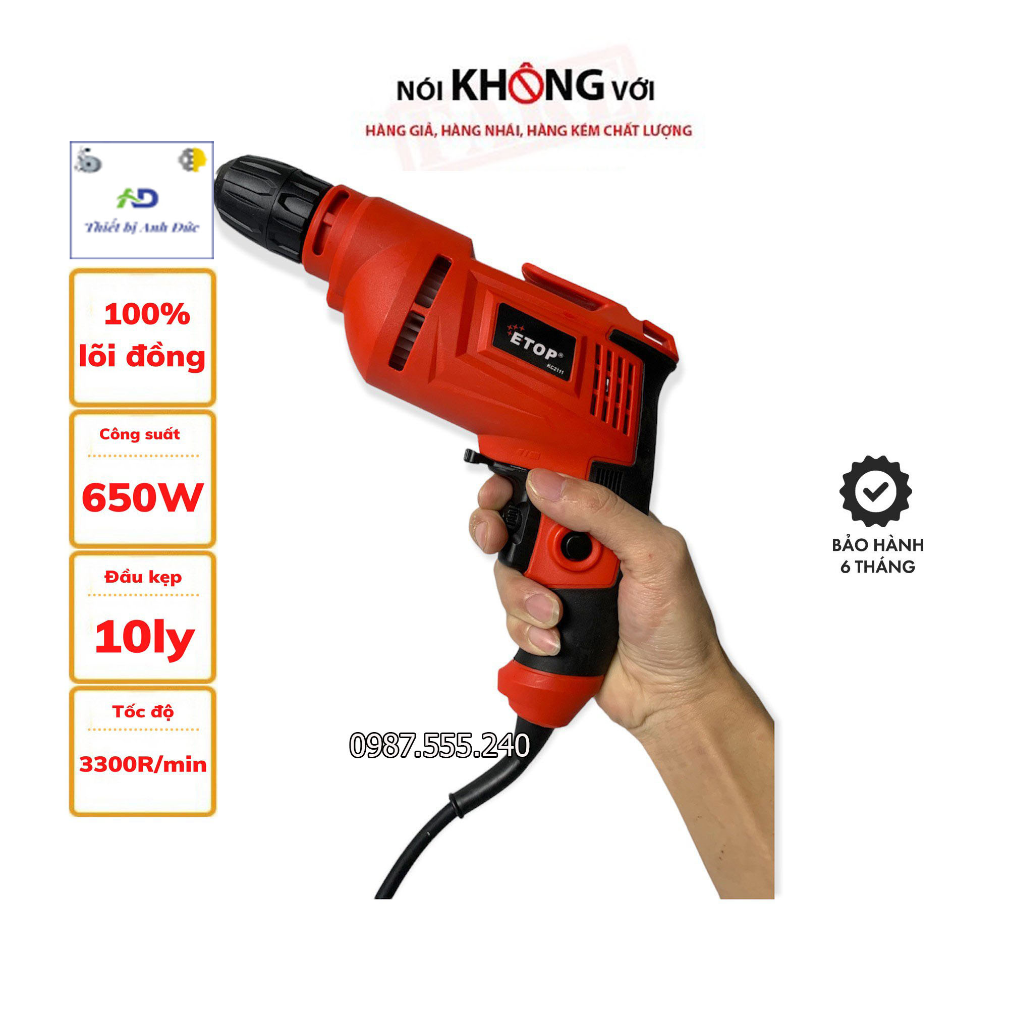 Máy khoan điện đầu 10 ly etop xh-10a công suất 620w - lõi đồng 100%