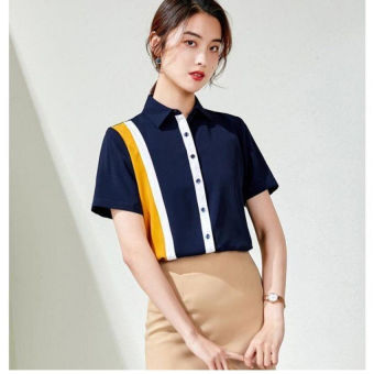 Áo sơ mi nữ ngắn tay Phối sọc vàng trắng