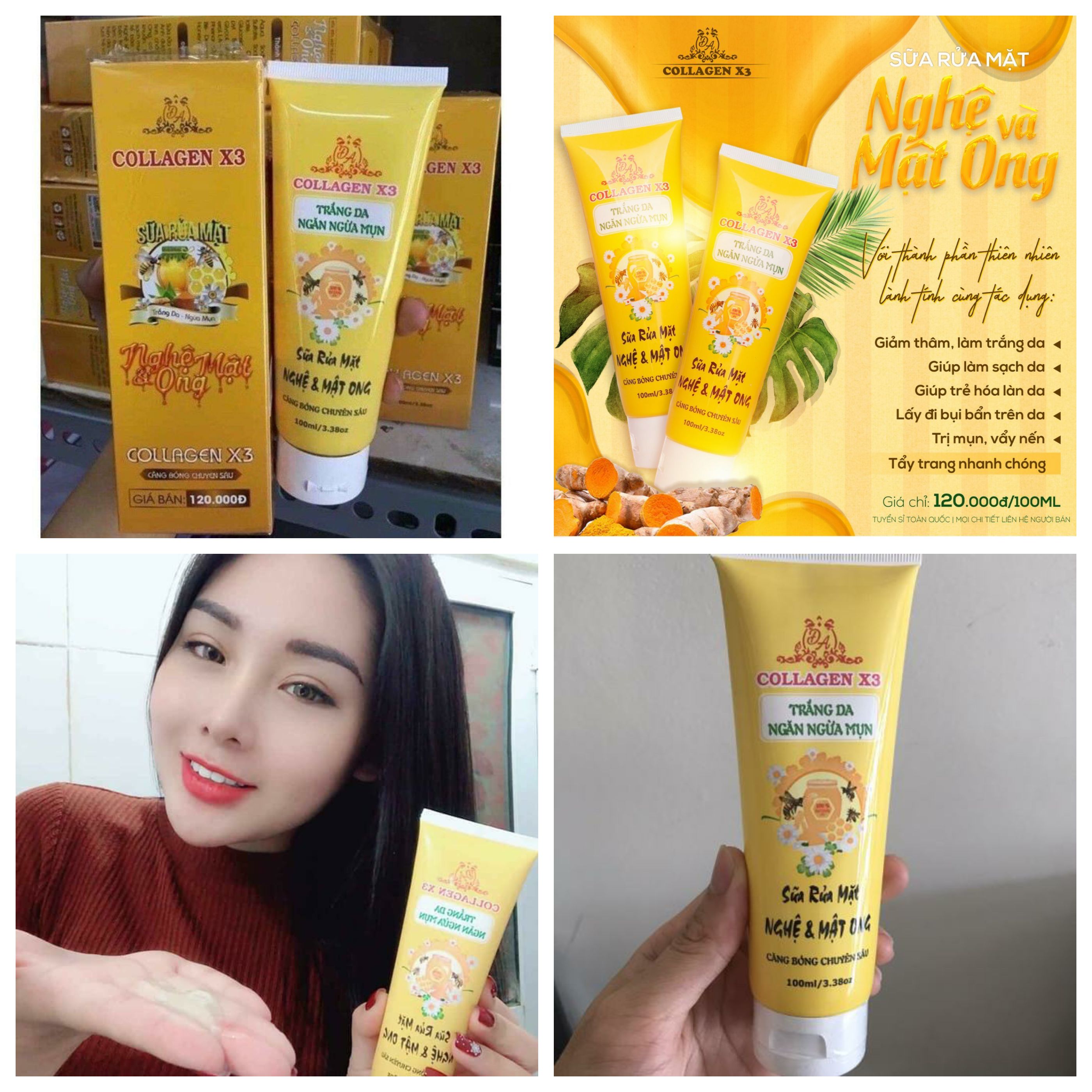 Sữa rửa mặt nghệ mật ong collagen x3,ngăn ngừa giảm mụn,mờ vết thâm,bã nhờn hiệu quả