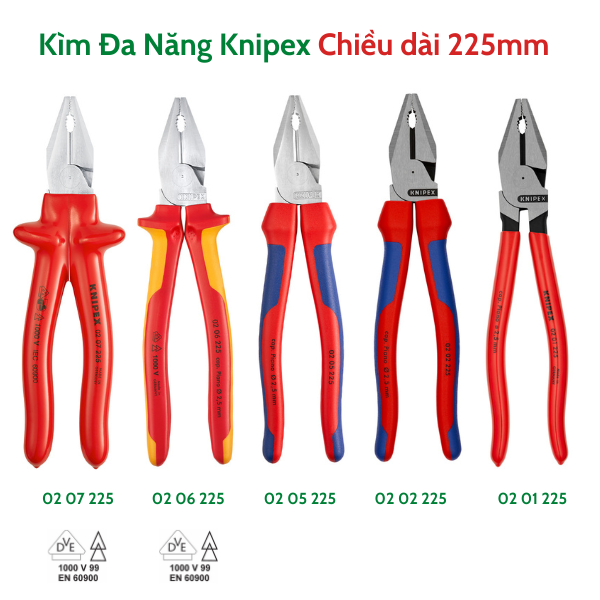 Kìm đa năng knipex cộng lực dòng 02 sở hữu đặc điểm lưỡi cắt tôi 63 hrc, cộng lực 35%, chiều dài 225mm gồm 02 01 225/ 02 02 225/ 02 05 225/ 02 06 225 và 02 07 225 - sản xuất tại đức