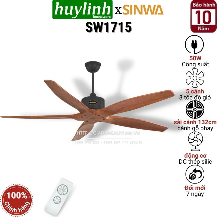 Quạt trần dc inverter cánh gỗ phay sinwa sw1715 - 5 cánh