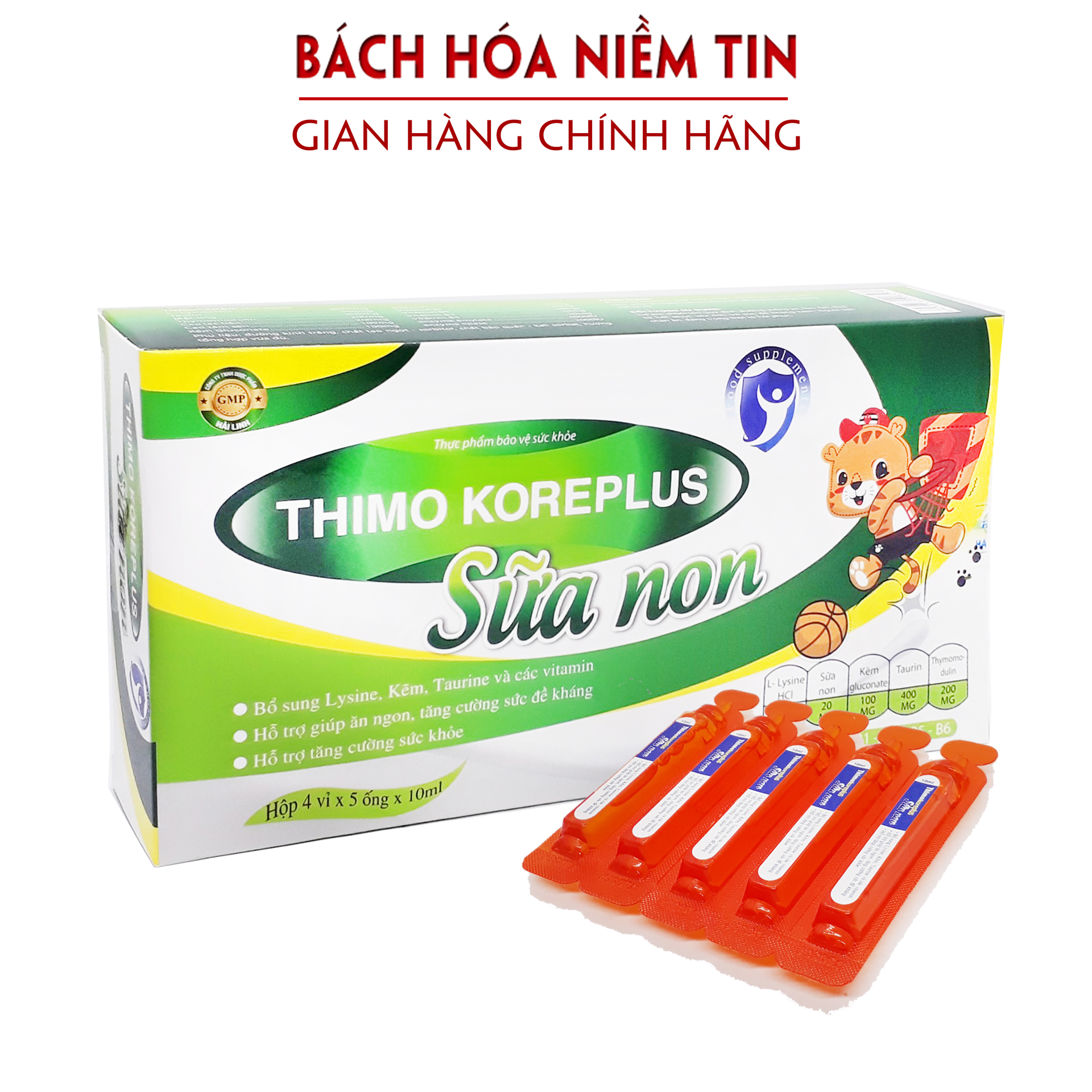 Siro tăng sức đề kháng THIMO KORE PLUS Sữa Non - bổ sung kẽm và các vitamin giúp bé ăn ngon tiêu hóa khỏe đề kháng tốt - Hộp 20 ống x10ml Hàng chính hãng