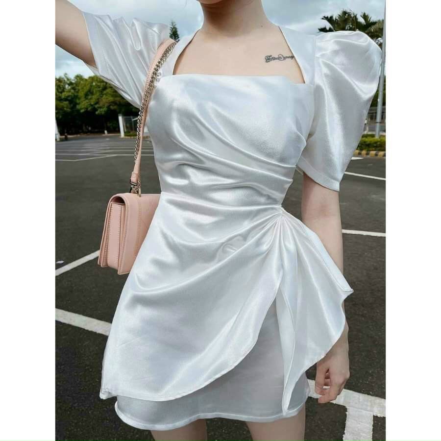 [Đồ Mới] Set Bộ Thời Trang Nữ Tay Phồng Cổ Vuông Nhún Lệch Sườn Bèo Eo