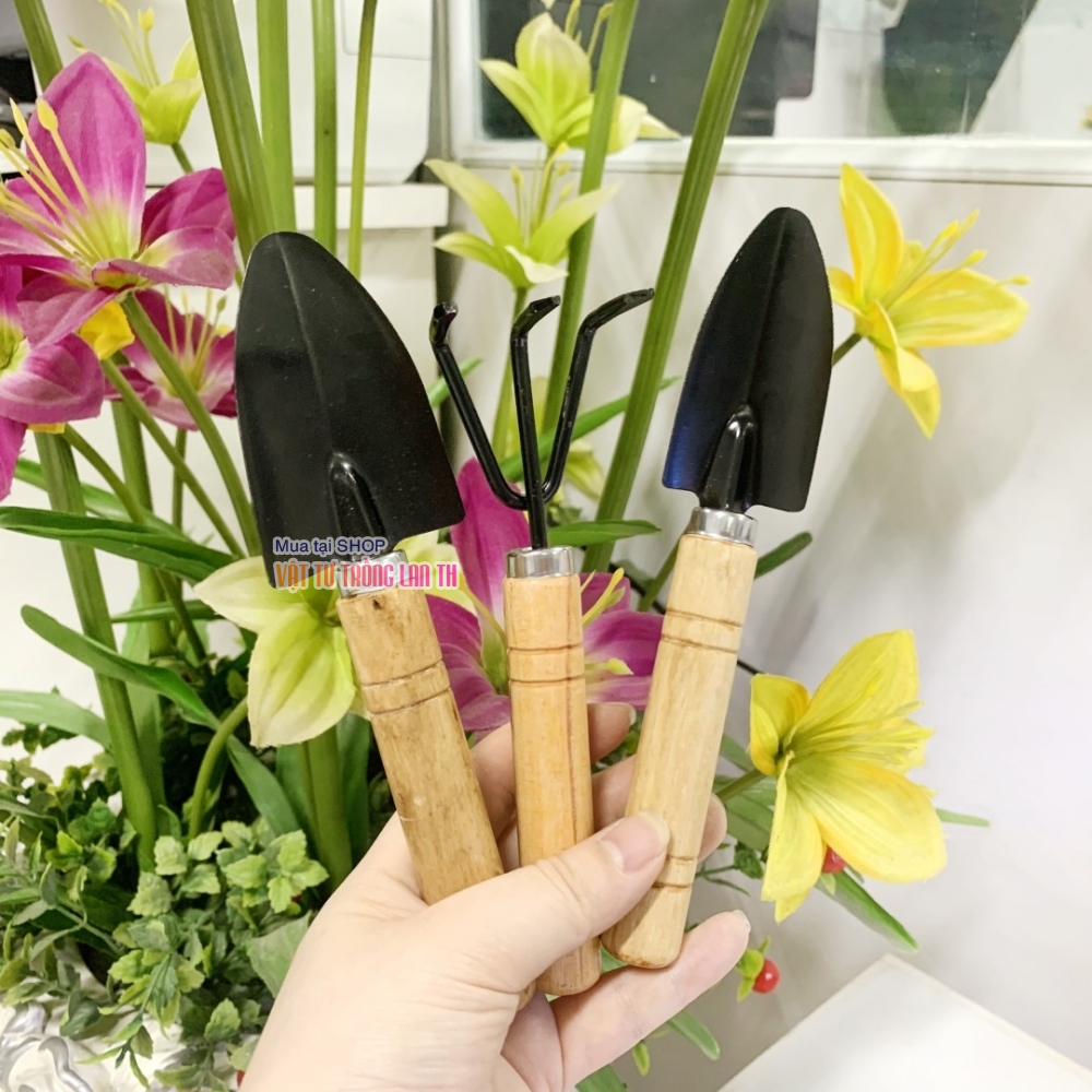 Dụng cụ làm vườn mini, bộ làm vườn tay cầm bằng gỗ 3 chi tiết