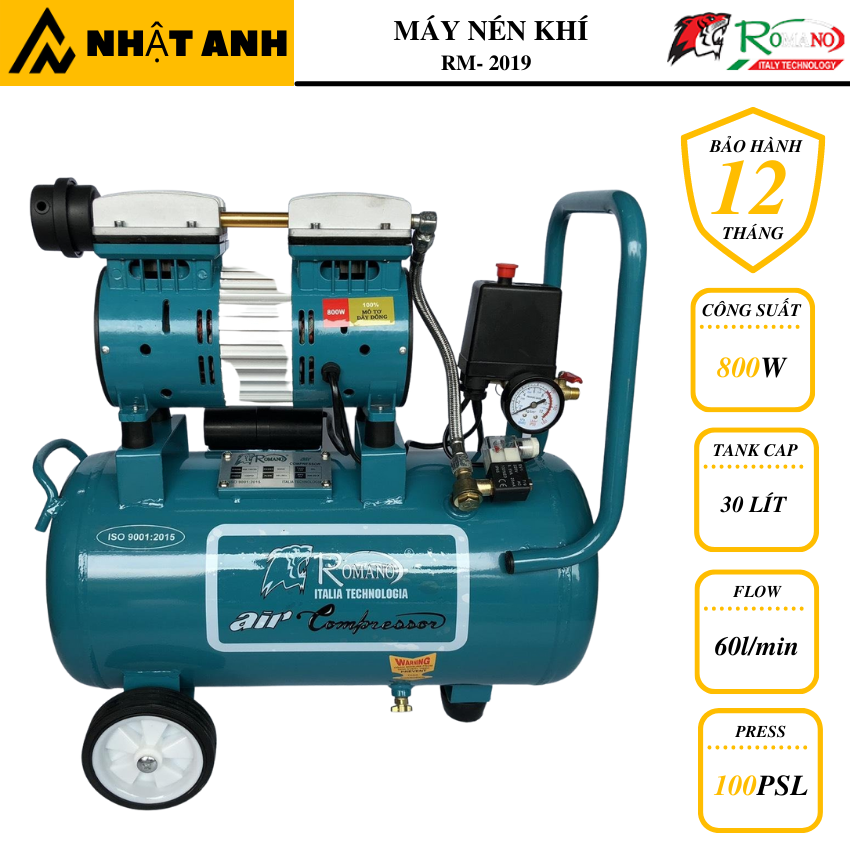 Máy nén khí 30L ROMANO giảm âm không dầu -BH 12 Tháng-Tặng dây xoắn hơi và xì khô
