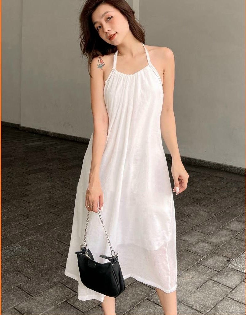 Đầm maxi nữ cổ yếm, đầm hai dây nữ, váy maxi đi biển màu trắng, đầm voan nữ hai lớp mặc hè mát mẻ - đt